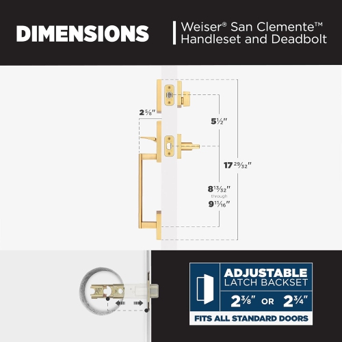 Weiser San Clemente Satin Brass Front Door Lock and Handle Set, Deadbolt Lock and Handleset with Halifax Interior Door Handle