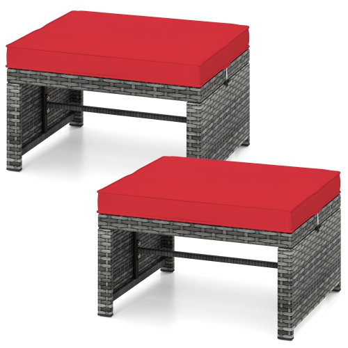 Gymax 2 Pieces Patio PE Rattan Ottomans with Soft Zippered Cushions for Deck Frame