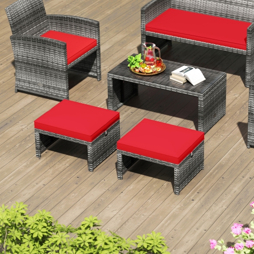 Gymax 2 Pieces Patio PE Rattan Ottomans with Soft Zippered Cushions for Deck Frame