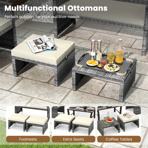 Gymax 2 Pieces Patio PE Rattan Ottomans with Soft Zippered Cushions for Deck Frame