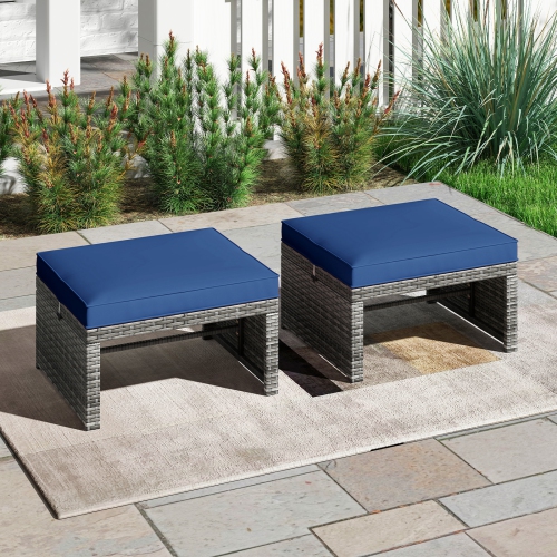 Gymax 2 Pieces Patio PE Rattan Ottomans with Soft Zippered Cushions for Deck Frame