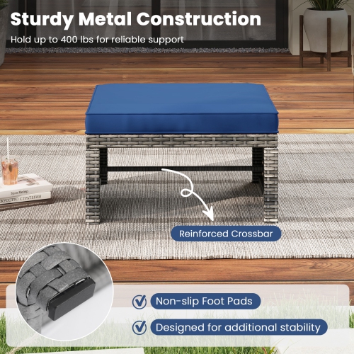 Gymax 2 Pieces Patio PE Rattan Ottomans with Soft Zippered Cushions for Deck Frame