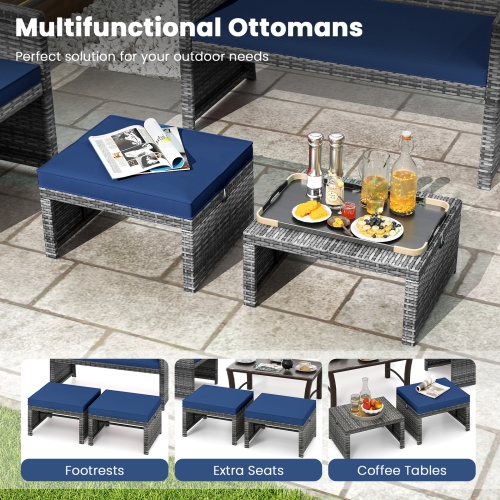 Gymax 2 Pieces Patio PE Rattan Ottomans with Soft Zippered Cushions for Deck Frame