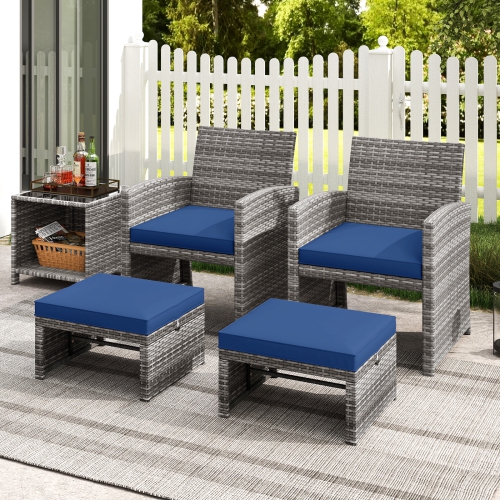 Gymax 2 Pieces Patio PE Rattan Ottomans with Soft Zippered Cushions for Deck Frame