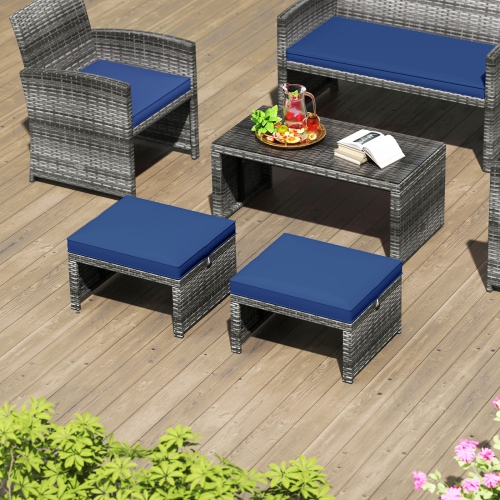 Gymax 2 Pieces Patio PE Rattan Ottomans with Soft Zippered Cushions for Deck Frame
