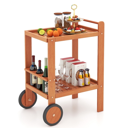 Gymax Wood Bar Cart 2 Tier Bar Trolley w/ Large Rubber Wheels & Wine Bottle Rack