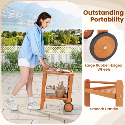 Gymax Wood Bar Cart 2 Tier Bar Trolley w/ Large Rubber Wheels & Wine Bottle Rack