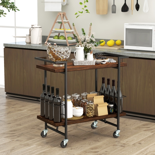 Gymax Home Bar Cart 2-tier Home Bar Cart w/ Lockable Wheels & Anti-fall Guardrail