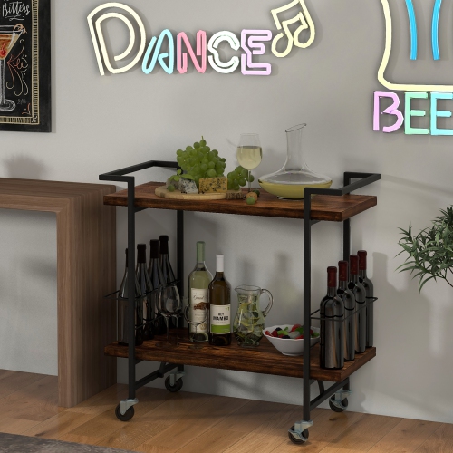 Gymax Home Bar Cart 2-tier Home Bar Cart w/ Lockable Wheels & Anti-fall Guardrail