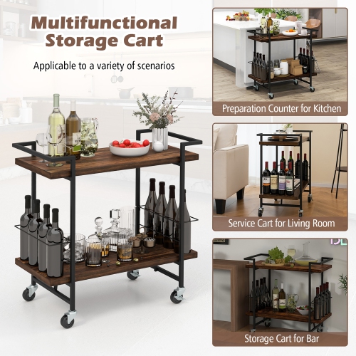 Gymax Home Bar Cart 2-tier Home Bar Cart w/ Lockable Wheels & Anti-fall Guardrail