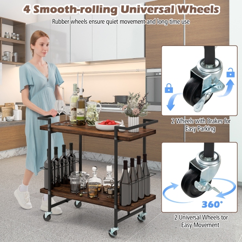 Gymax Home Bar Cart 2-tier Home Bar Cart w/ Lockable Wheels & Anti-fall Guardrail
