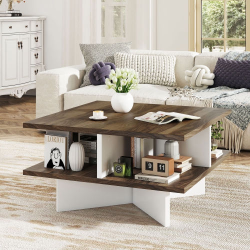 Gymax 2-Tier Square Coffee Table w/ Storage Farmhouse Modern Accent Table Center Table