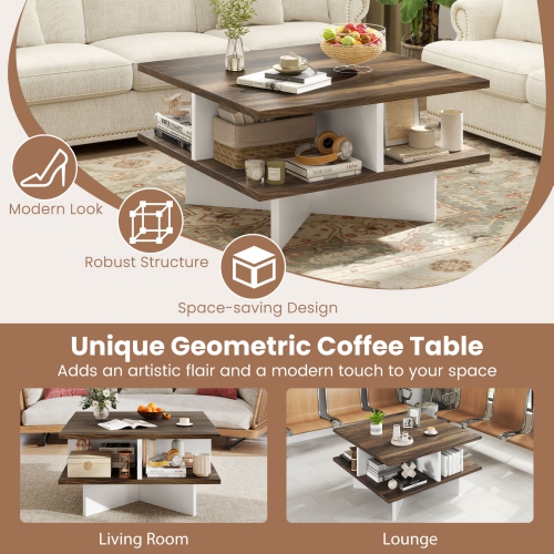 Gymax 2-Tier Square Coffee Table w/ Storage Farmhouse Modern Accent Table Center Table