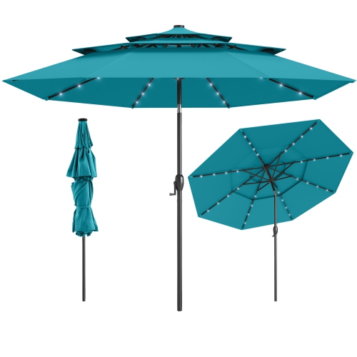 Gymax 10 FT Solar Patio Umbrella w/ 32 LED Lights 3-Tier Vented Top Tilt Adjustment