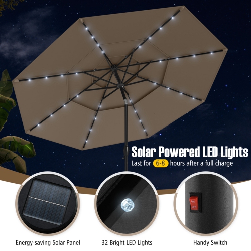 Gymax 10 FT Solar Patio Umbrella w/ 32 LED Lights 3-Tier Vented Top Tilt Adjustment