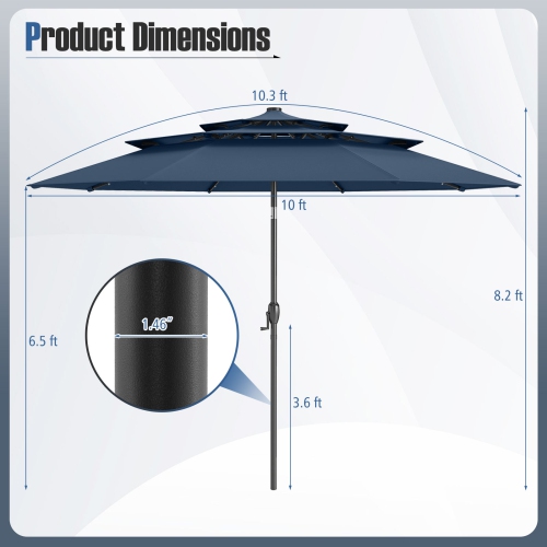Gymax 10 FT Solar Patio Umbrella w/ 32 LED Lights 3-Tier Vented Top Tilt Adjustment