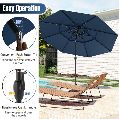 Gymax 10 FT Solar Patio Umbrella w/ 32 LED Lights 3-Tier Vented Top Tilt Adjustment