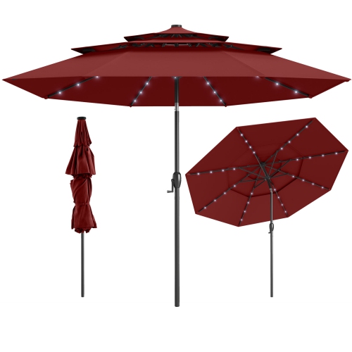 Gymax 10 FT Solar Patio Umbrella w/ 32 LED Lights 3-Tier Vented Top Tilt Adjustment