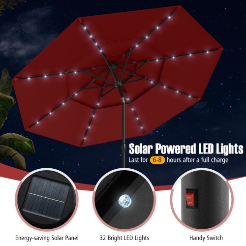 Gymax 10 FT Solar Patio Umbrella w/ 32 LED Lights 3-Tier Vented Top Tilt Adjustment