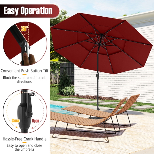 Gymax 10 FT Solar Patio Umbrella w/ 32 LED Lights 3-Tier Vented Top Tilt Adjustment