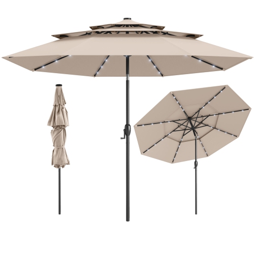 Gymax 10 FT Solar Patio Umbrella w/ 32 LED Lights 3-Tier Vented Top Tilt Adjustment