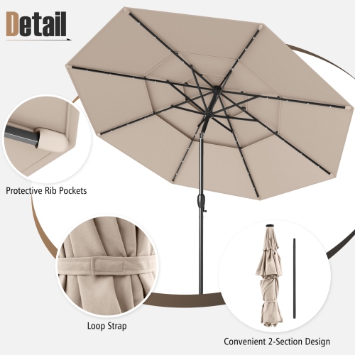 Gymax 10 FT Solar Patio Umbrella w/ 32 LED Lights 3-Tier Vented Top Tilt Adjustment