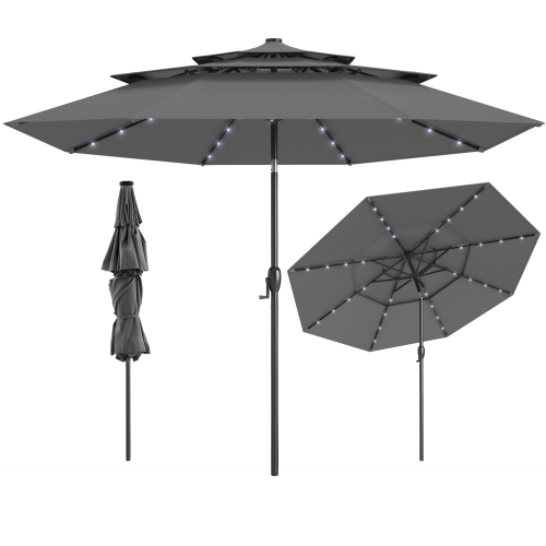 Gymax 10 FT Solar Patio Umbrella w/ 32 LED Lights 3-Tier Vented Top Tilt Adjustment
