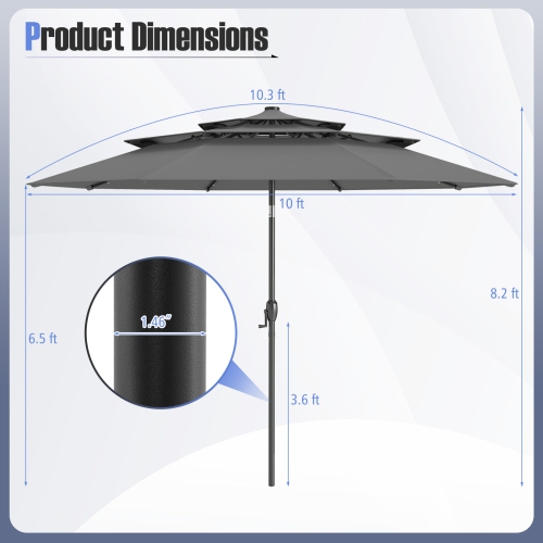 Gymax 10 FT Solar Patio Umbrella w/ 32 LED Lights 3-Tier Vented Top Tilt Adjustment