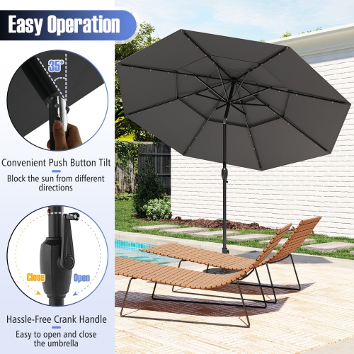 Gymax 10 FT Solar Patio Umbrella w/ 32 LED Lights 3-Tier Vented Top Tilt Adjustment