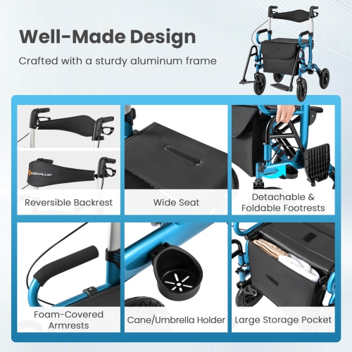 Goplus 2-in-1 Rollator Walker for Seniors with Seat 9" Pneumatic Tires for All Terrain Black/Red/Navy