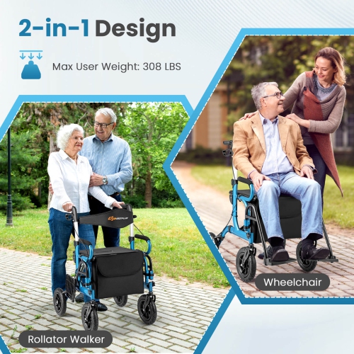 Goplus 2-in-1 Rollator Walker for Seniors with Seat 9" Pneumatic Tires for All Terrain Black/Red/Navy