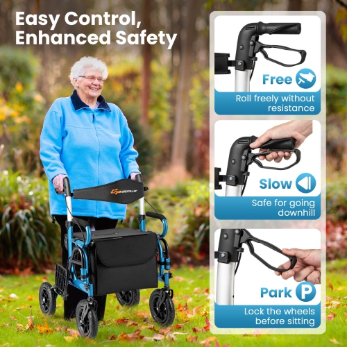 Goplus 2-in-1 Rollator Walker for Seniors with Seat 9" Pneumatic Tires for All Terrain Black/Red/Navy