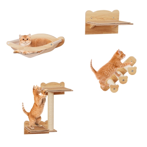 GYMAX  Cat Wall Shelves W/ Hammock 2-Step Cat Tree Perch Non-Slip Carpet Mat for Indoor