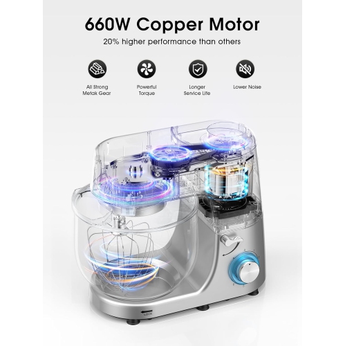 KUCCU Stand Mixer - 9.5 Qt 660W 6-Speed Tilt-Head Kitchen Food Dough Mixer with Dough Hook, Flat Beater & Wire Whisk