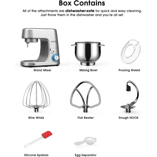 KUCCU Stand Mixer - 9.5 Qt 660W 6-Speed Tilt-Head Kitchen Food Dough Mixer with Dough Hook, Flat Beater & Wire Whisk