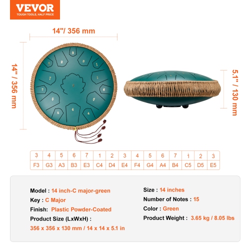 VEVOR 14 in & 15 Notes Steel Tongue Drum, Rain Drum for Outside Garden, C Major Key, Tank Drum with 2 Mallets & Carry Bag, Hand Pan Drum Percussion
