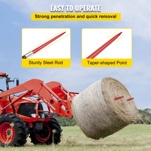 VEVOR 39" Pair Hay Spear, Bale Spear 3000 lbs Capacity, Bale Spike Quick Attach Square Hay Bale Spears 1 3/4", Red Coated Bale Forks, Bale Hay Spike