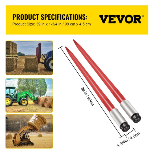 VEVOR 39" Pair Hay Spear, Bale Spear 3000 lbs Capacity, Bale Spike Quick Attach Square Hay Bale Spears 1 3/4", Red Coated Bale Forks, Bale Hay Spike
