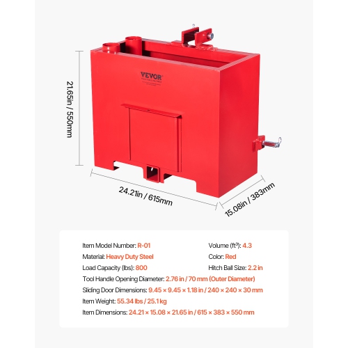 VEVOR 800lbs Capacity Ballast Box, 3-Point Category 1 Tractor Ballast, for 2 Inch Hitch Receiver, Heavy-Duty Steel 4.3 ft³ Large Volume Loader