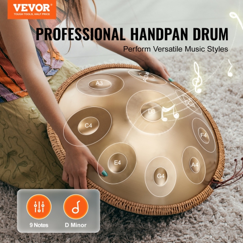 VEVOR 22 in & 9 Notes Handpan Drum, D Minor Hand Drum, Hand Pan Drum Instrument with Mallets, 440Hz Handpan Stand & Carry Bag, Steel Healing Sound