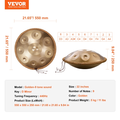 VEVOR 22 in & 9 Notes Handpan Drum, D Minor Hand Drum, Hand Pan Drum Instrument with Mallets, 440Hz Handpan Stand & Carry Bag, Steel Healing Sound