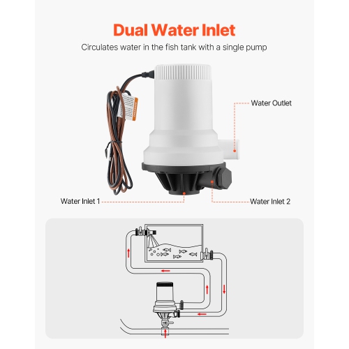 VEVOR 1600 GPH Livewell Pump for Boat, 12V Straight Livewell Aerator Pump with Dual Inlet, ABA Housing & Detachable Motor Cartridge,