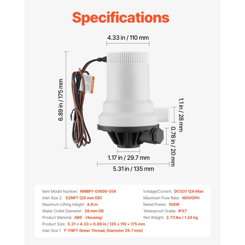 VEVOR 1600 GPH Livewell Pump for Boat, 12V Straight Livewell Aerator Pump with Dual Inlet, ABA Housing & Detachable Motor Cartridge,