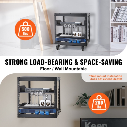 VEVOR 9U Open Frame Server Rack, 23''-40'' Adjustable Depth, Free Standing or Wall Mount Network Server Rack with 360° Casters, Heavy Duty 4 Post