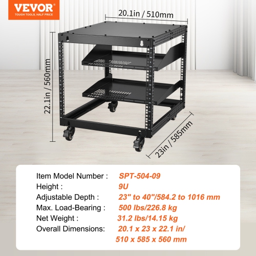 VEVOR 9U Open Frame Server Rack, 23''-40'' Adjustable Depth, Free Standing or Wall Mount Network Server Rack with 360° Casters, Heavy Duty 4 Post
