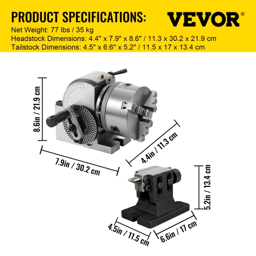 VEVOR BS-1 Dividing Head Dividing Head Set 6" 3-jaw Chuck Semi Universal Milling Set with 6" Chuck+Tailstock+Dividing Plates for Milling Grinding