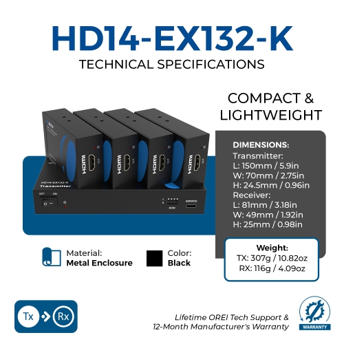 OREI 1080p 1x4 HDMI™ Extender Splitter - 230ft (cat6) HD14-EX132-K