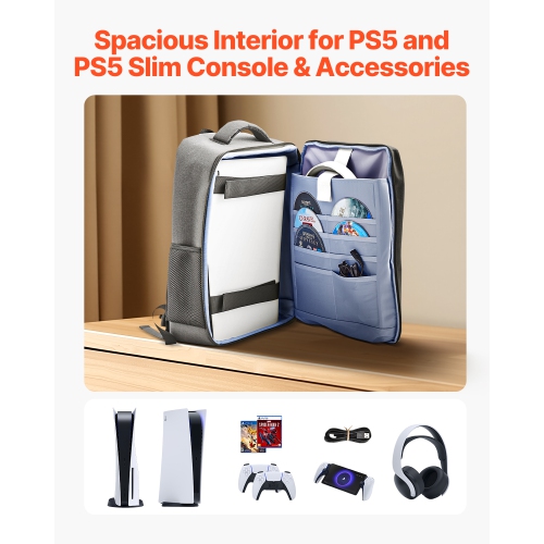VEVOR PS5 Backpack, Dual Shoulder Travel Bag for Playstation 5 & PS5 Slim Waterproof Nylon, Soft Interior Lining & Padded Dividers for Extra