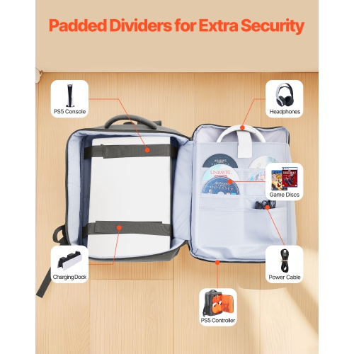 VEVOR PS5 Backpack, Dual Shoulder Travel Bag for Playstation 5 & PS5 Slim Waterproof Nylon, Soft Interior Lining & Padded Dividers for Extra