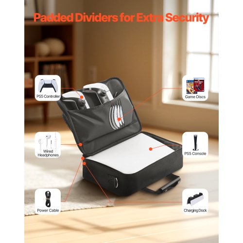 VEVOR PS5 Carrying Case, Travel Bag for Playstation 5 & PS5 Slim Waterproof Nylon, Soft Interior Lining & Padded Dividers for Extra Protection,